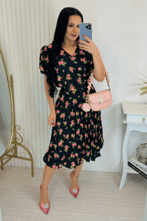 Vestido Plissado Midi Forrado - Tecido Crepe Seda- Preto