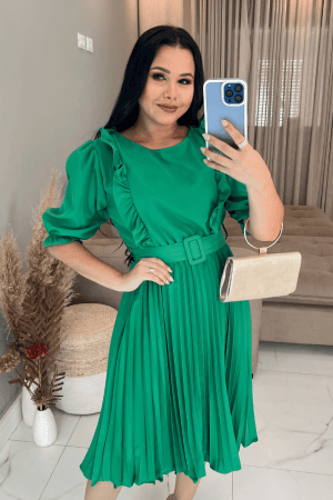 Vestido Plissado Midi Forrado tecido Crepe Seda-Verde bandeira