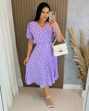 Vestido Plissado Midi Forrado Tecido Crepe Seda-Lilás